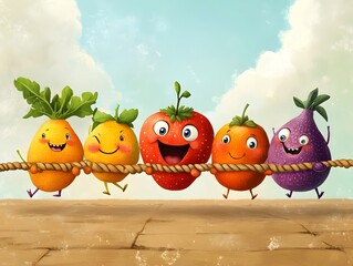A whimsical scene of assorted fruits and vegetables engaged in a fun tug-of-war match, showcasing laughter and teamwork.