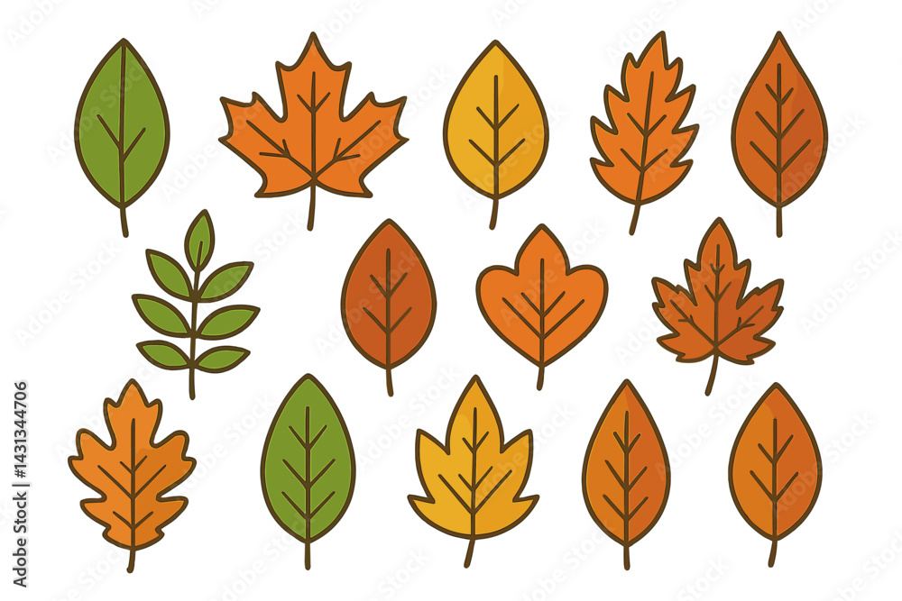 Poster icon set featuring diverse leaves in various colors and shapes for design projects and nature themes