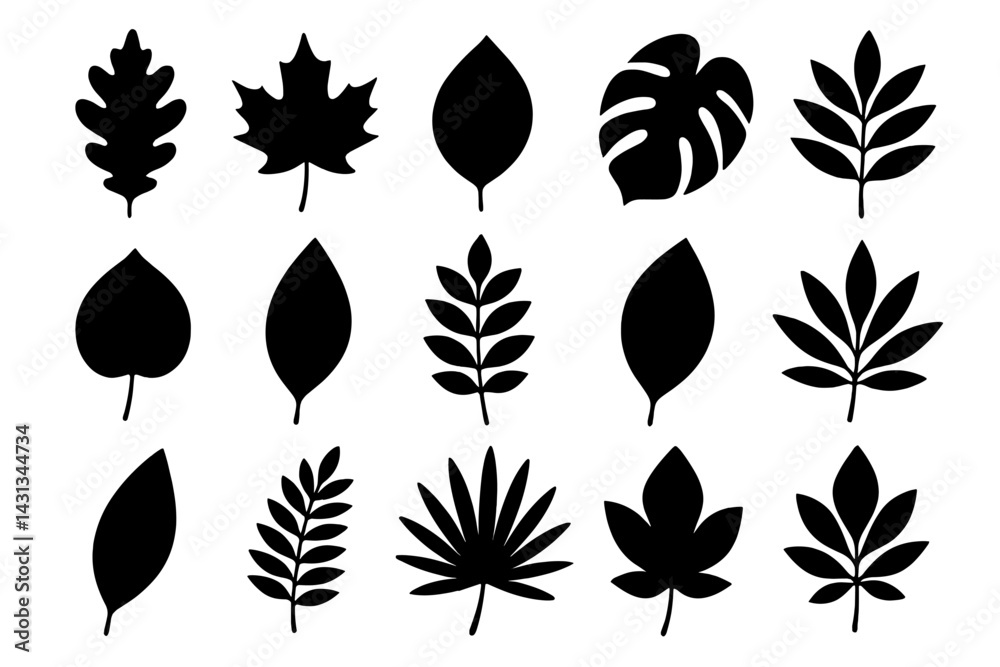 Poster Collection of unique leaf icons showcasing diverse shapes and styles for design projects