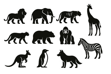 Various animal icons illustrated in a minimalistic black silhouette style showcasing different species and forms