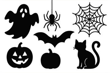 Fototapeta premium Collection of Halloween-themed icons featuring ghosts, bats, spiders, pumpkins, and black cats for festive designs