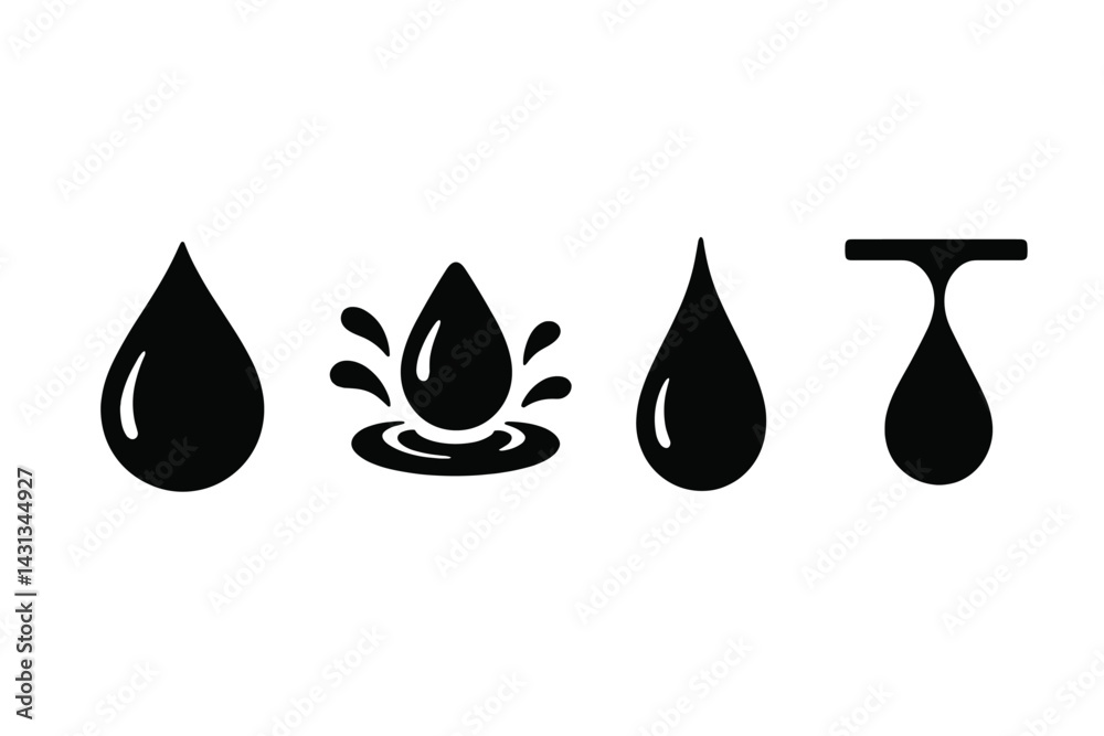 Poster Icon set depicting various water droplet shapes and splash effects in a minimalist design suitable for applications and graphics