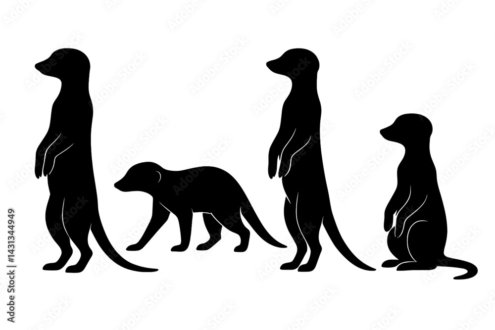 Poster icon set featuring various poses of animated meerkats and a dog in playful silhouetted design for cr