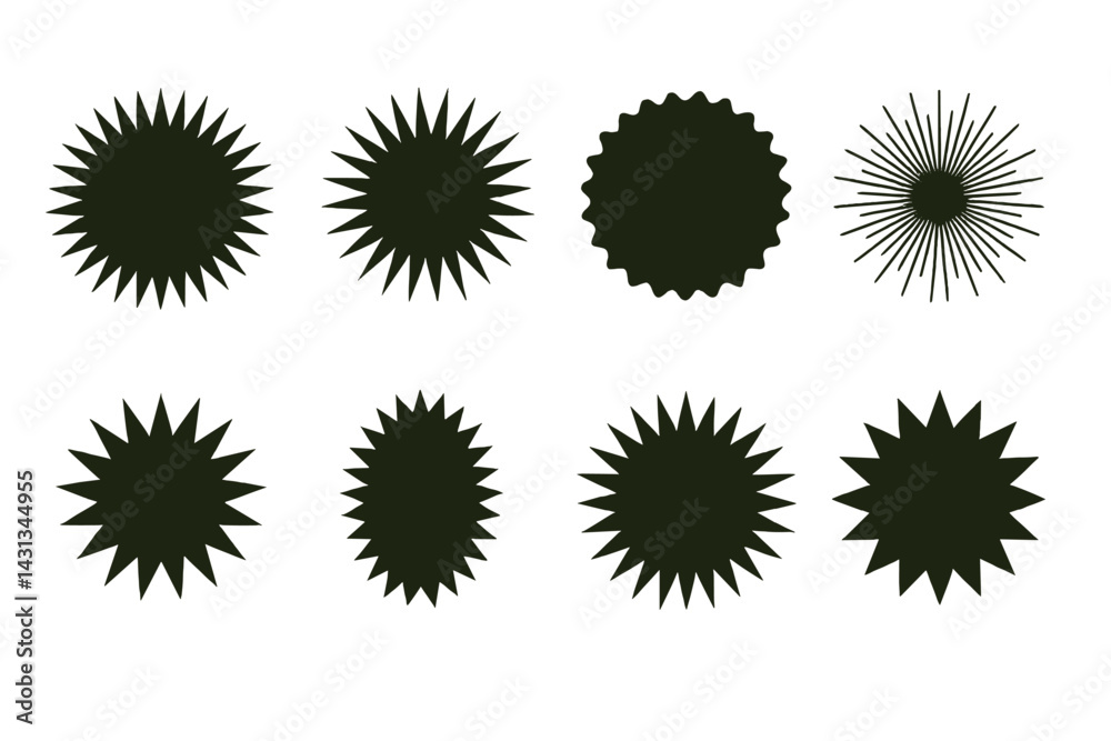 Poster icon set featuring a variety of starburst and sunburst shapes suitable for graphic design projects