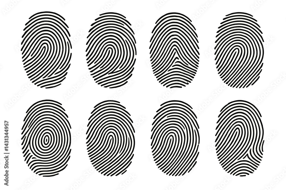 Poster unique fingerprint icon set showcasing various patterns and designs for user interface applications 