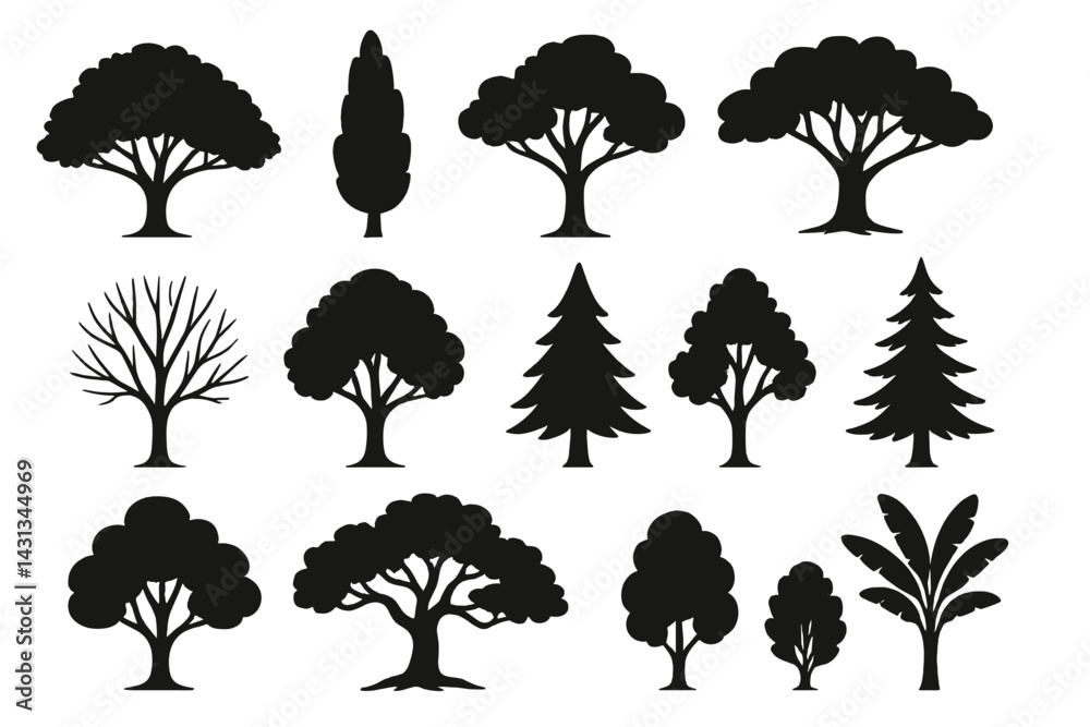 Poster diverse set of black tree icons showcasing various shapes and sizes for design projects