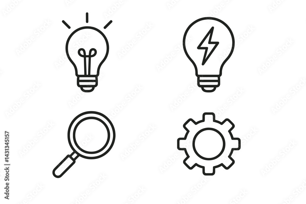 Aufkleber creative icon set featuring lightbulbs, magnifying glass, and gear symbols for design projects and u
