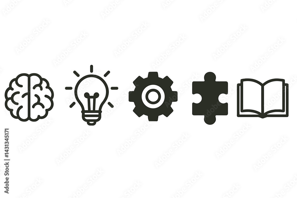 Poster Icon set representing concepts of intelligence, creativity, mechanics, problem-solving, and knowledge