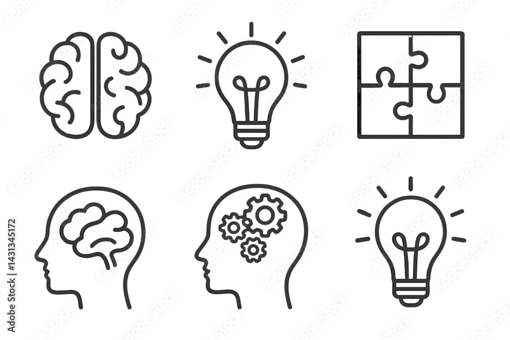 Poster Icon set depicting concepts of creativity, intelligence, and problem-solving in a minimalistic design for digital and print use