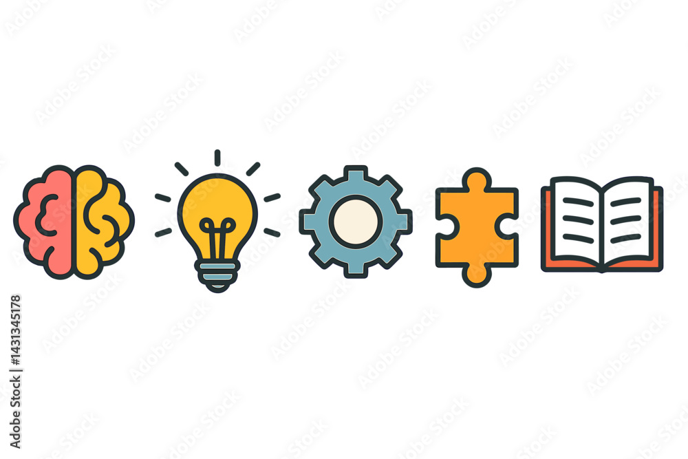 Poster Diverse icons representing concepts of knowledge, creativity, and problem-solving in a minimalist style