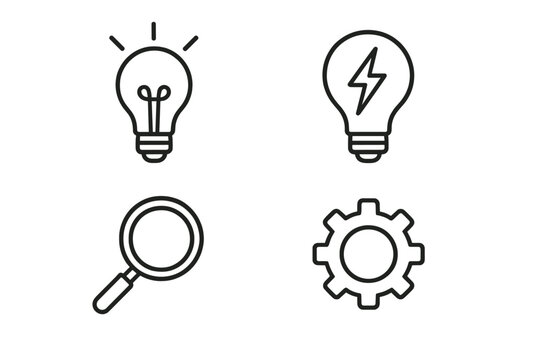 Creative icon set featuring lightbulbs, magnifying glass, and gear symbols for design projects and user interface elements