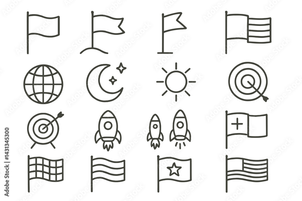 Poster Icon set featuring various flags, celestial objects, and rockets in a simple design style for versatile use