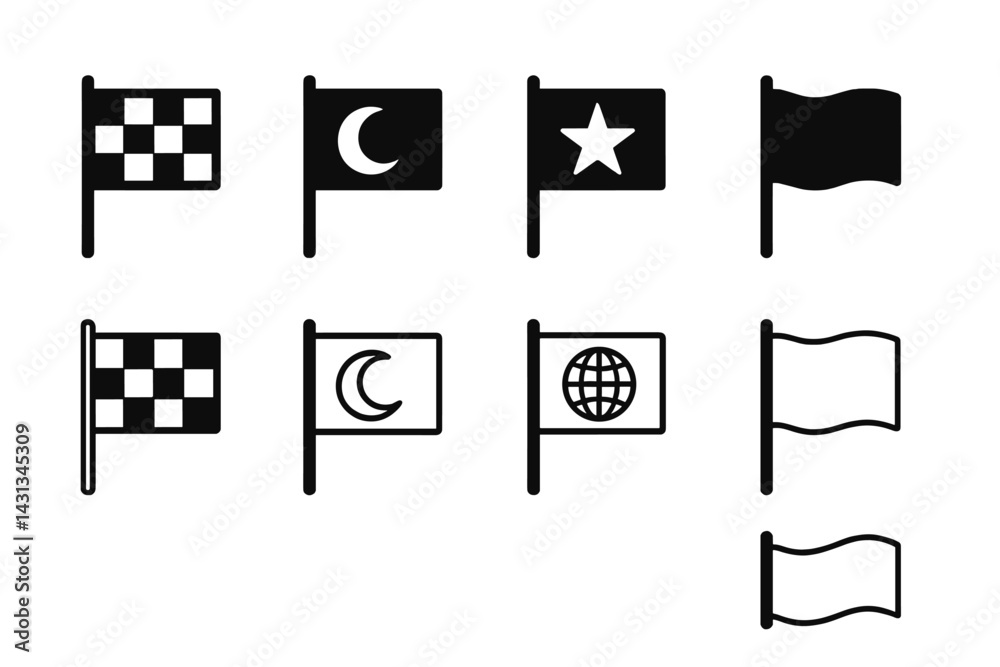Poster icon set showcasing various flag designs including star, crescent, and checkered patterns for divers