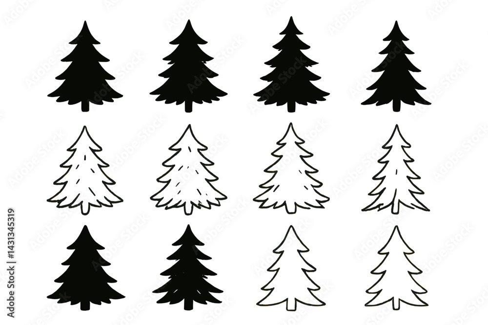 Poster icon set featuring black and white tree silhouettes designed for various creative projects