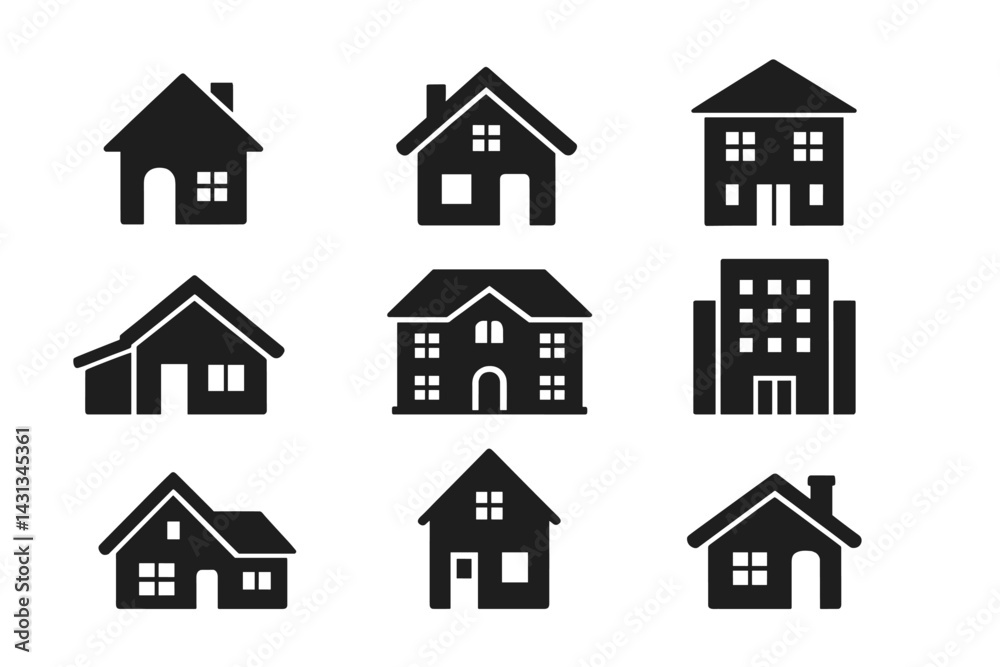 Aufkleber Icon set featuring various house designs in black silhouette style for digital use in graphic projects