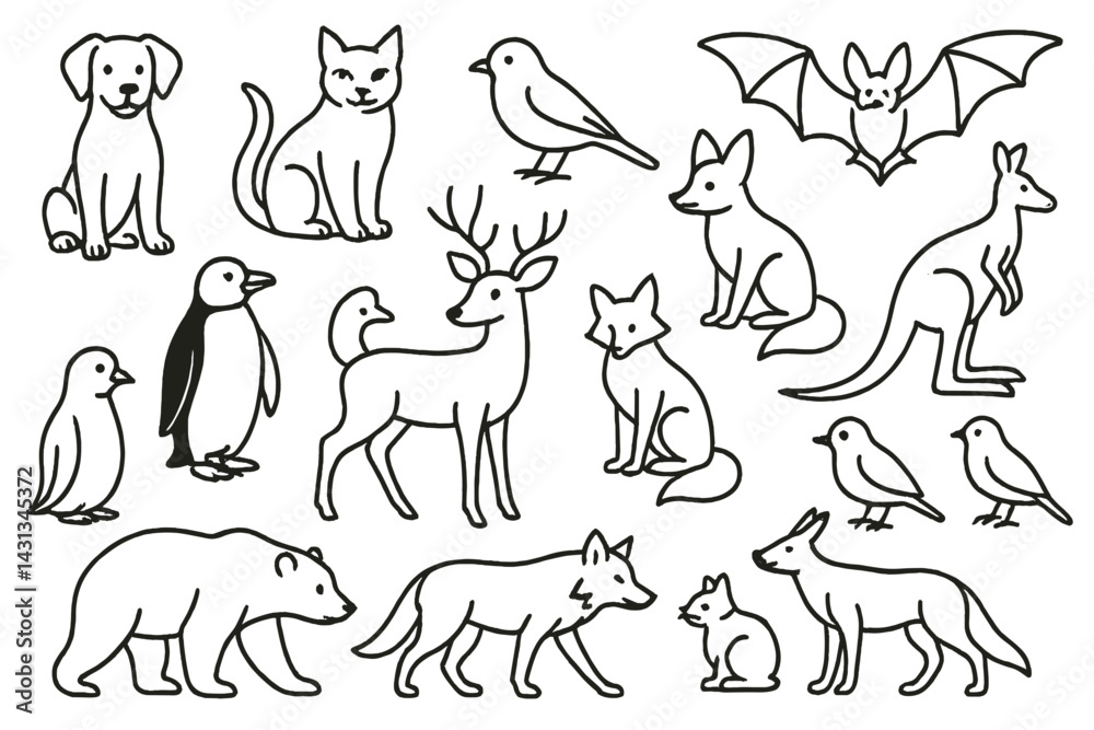 Poster Collection of animal icons featuring various species in a simple line art style ideal for design projects