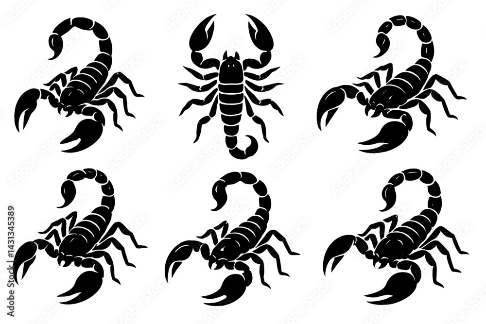Poster unique icon set featuring six black scorpion designs for various digital applications and graphic pr