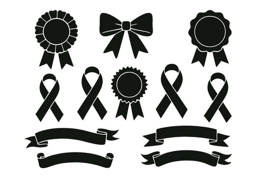 Collection of black icon set featuring ribbons, bows, and award badges for diverse design applications