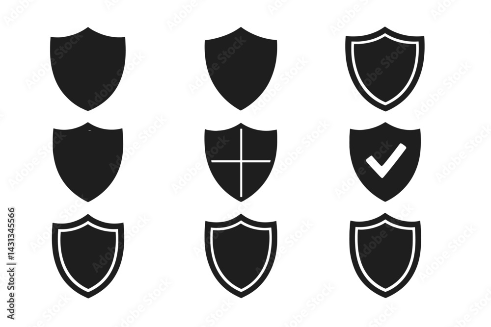 Poster icon set depicting various shield designs for protection symbols and security themes, commonly used 