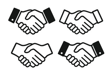 Four diverse handshake icons representing agreement, partnership, and collaboration using simple black and white design