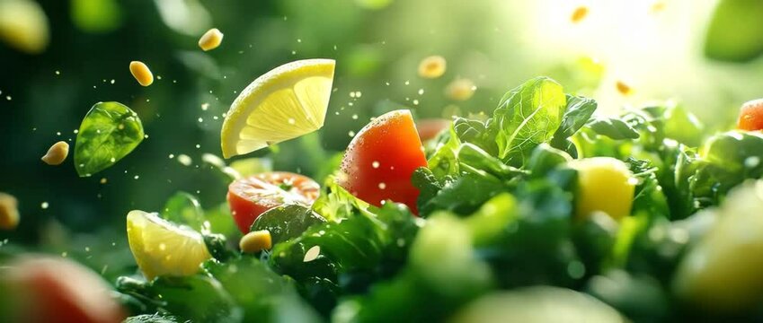 Freshness Fiesta: A culinary explosion of crisp greens, ripe tomatoes, zesty lemon wedges, and crunchy sunflower seeds, a photorealistic display that captures the essence of a vibrant salad.