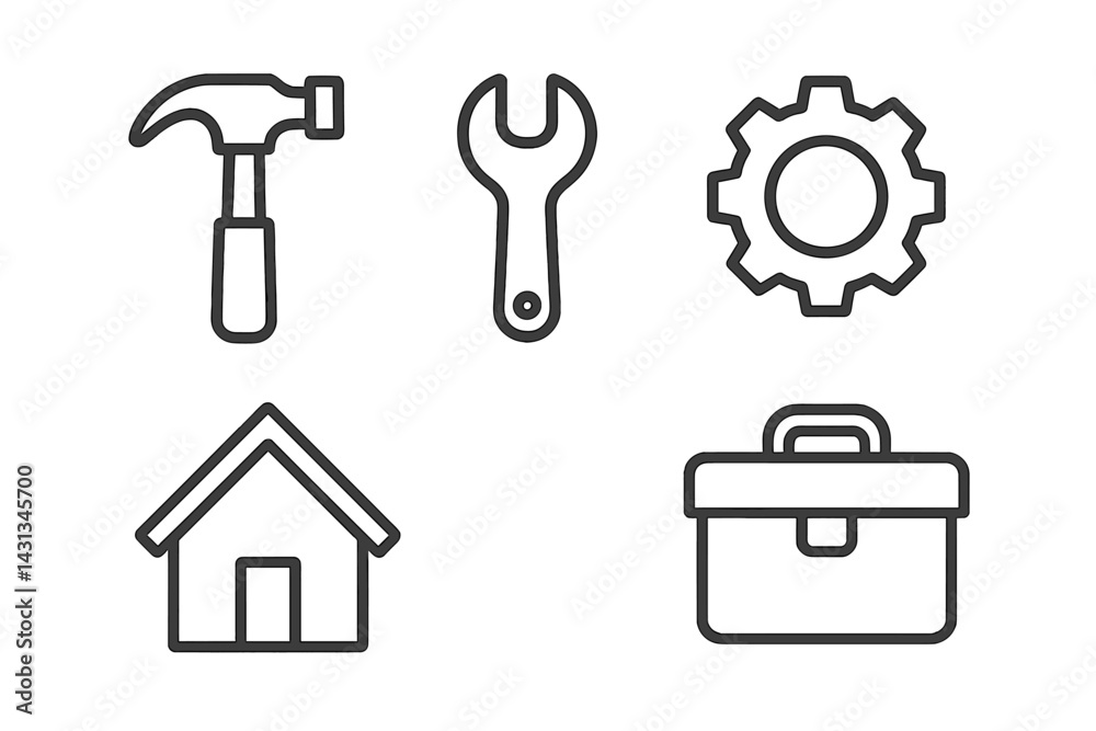 Poster icon set featuring essential tools and home-related symbols for creative design needs and projects