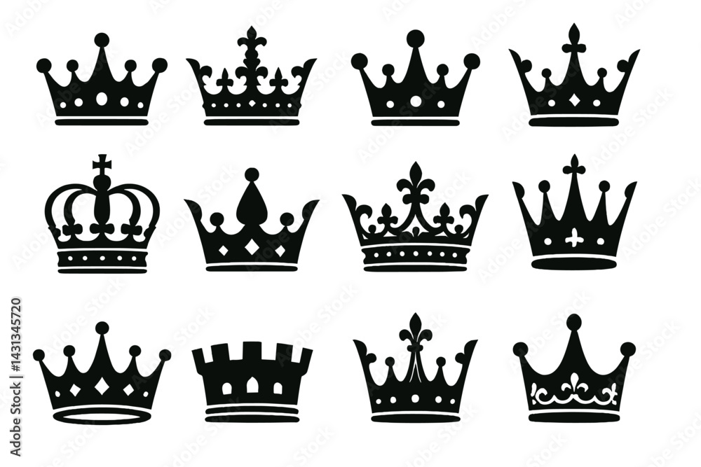 Poster unique black crown icon set featuring various designs for creative projects and digital use