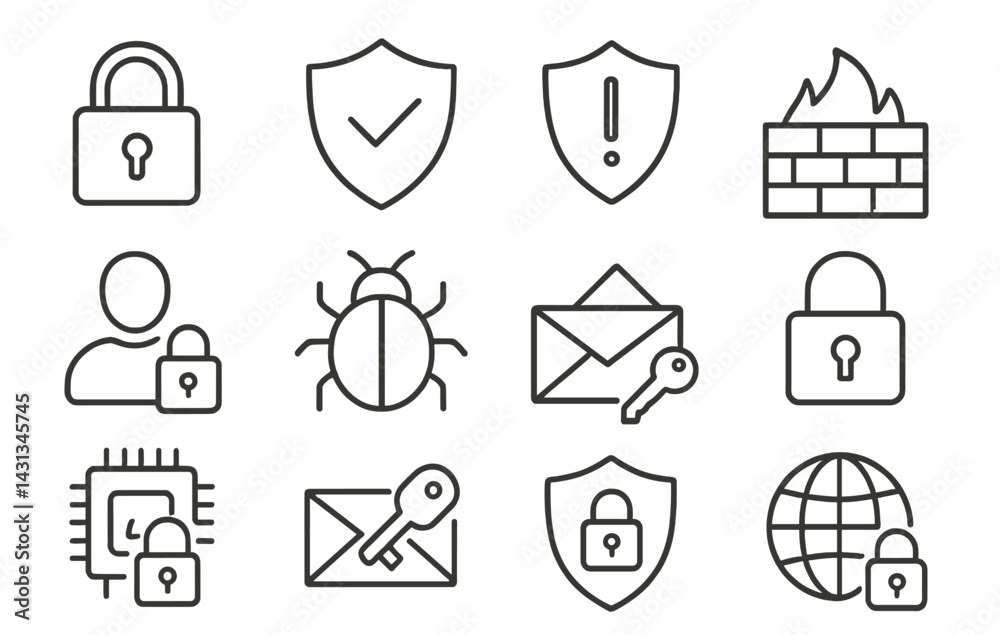 Poster icon set featuring security symbols including locks, shields, and digital elements related to safety