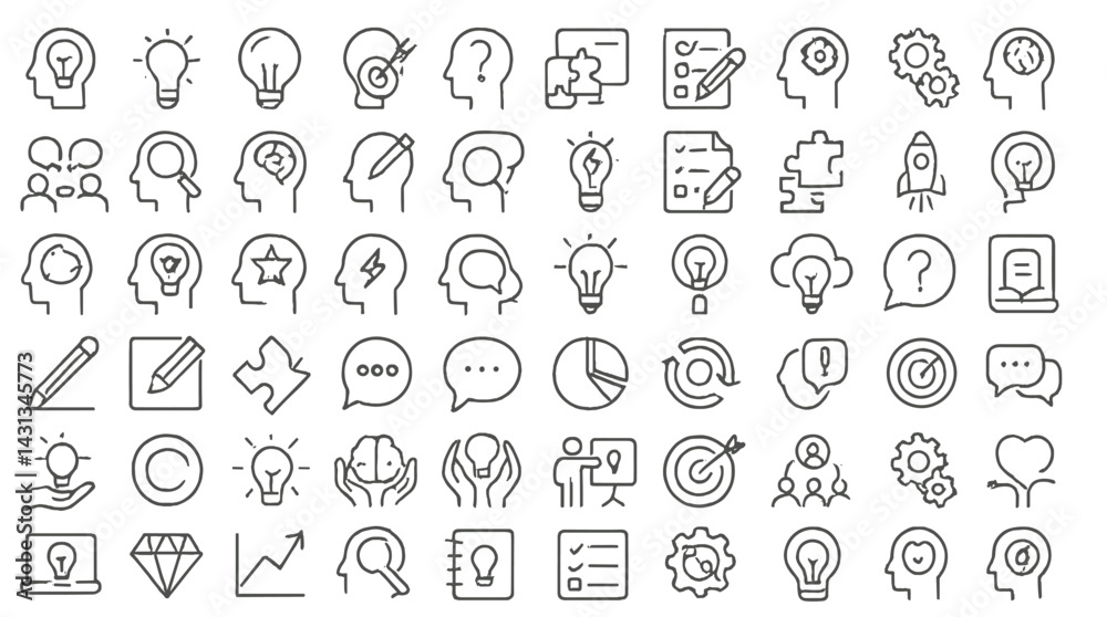 Poster collection of creative icons representing ideas, strategies, and teamwork in a minimalist style