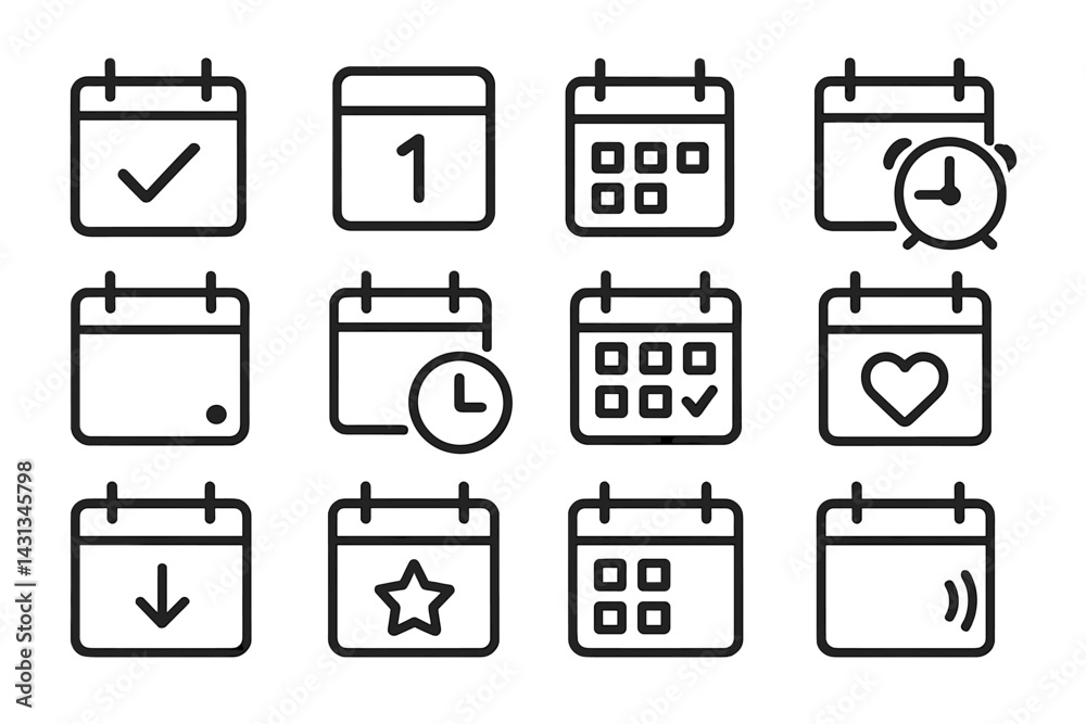Aufkleber icon set featuring various calendar symbols for scheduling and planning activities