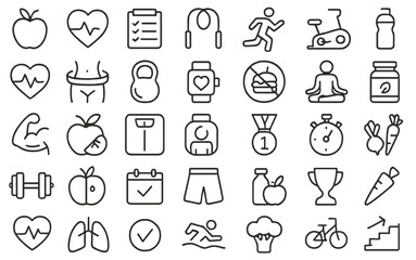 Collection of health and fitness icons representing various activities and wellness aspects for a balanced lifestyle