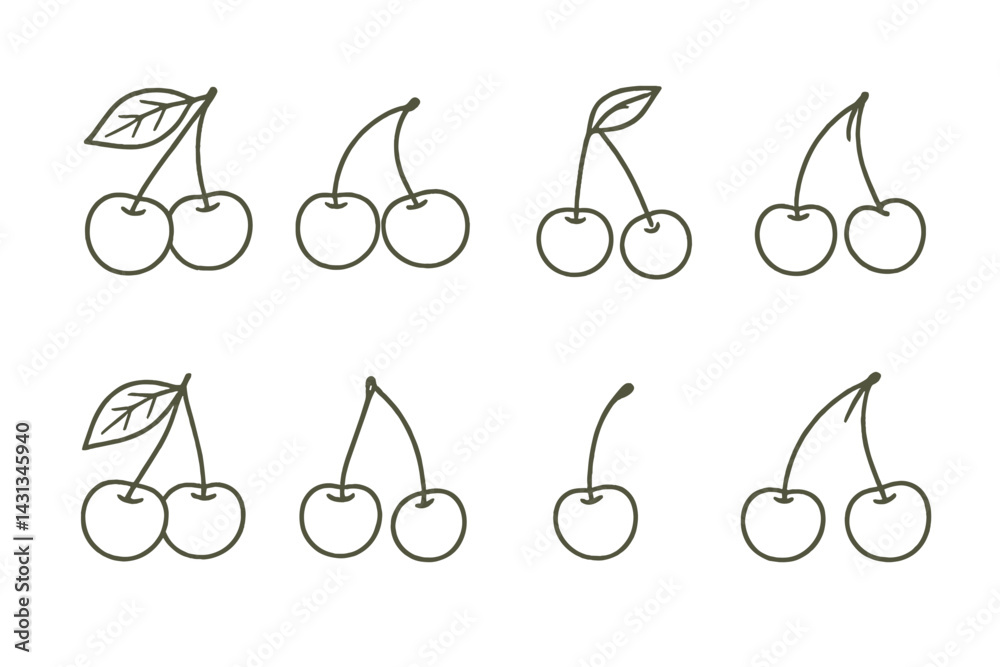 Poster Collection of hand-drawn cherry icons showing various styles and arrangements suitable for design purposes