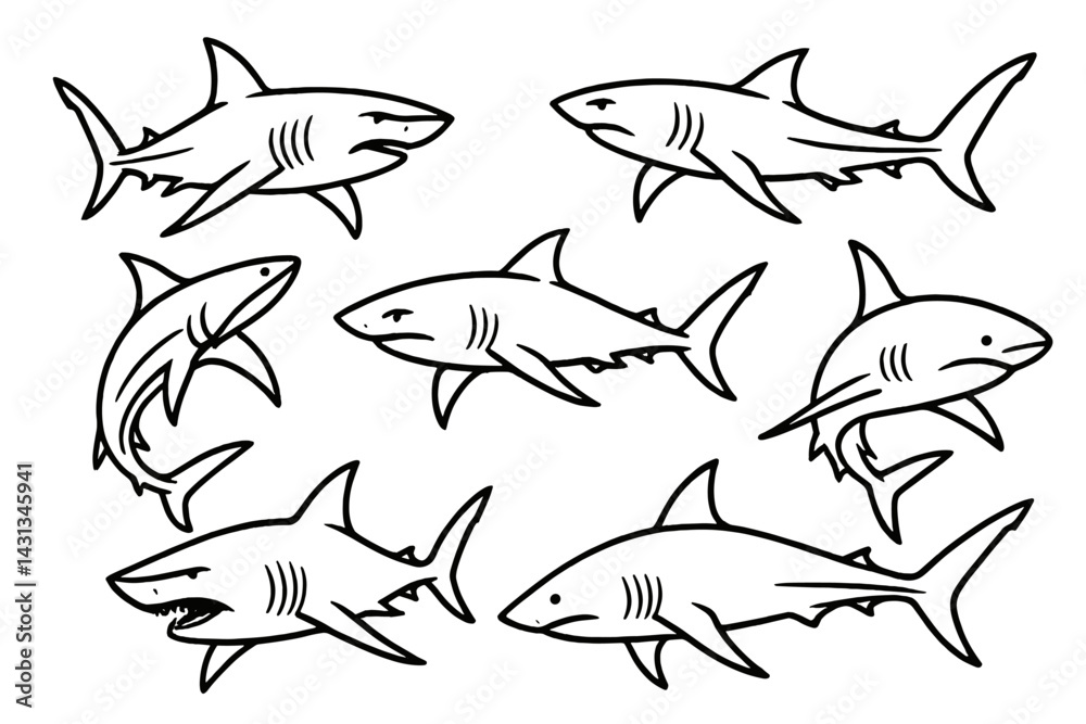 Poster Various shark icons featuring different styles and poses in a minimalistic design suitable for various projects