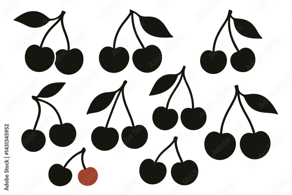 Aufkleber cherry icon set featuring various styles and arrangements of cherries with distinct shapes and color