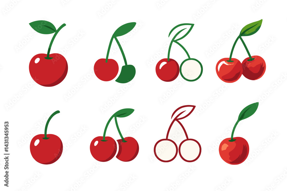 Poster collection of cherry icon designs featuring various styles and arrangements for creative projects