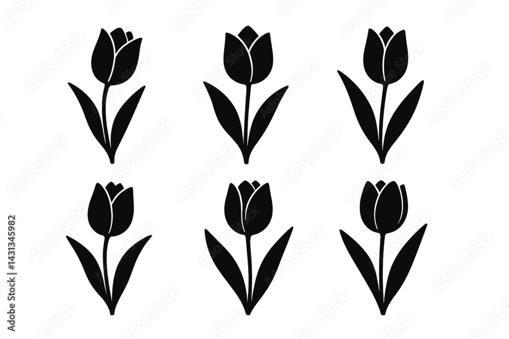 Poster Set of six black tulip icons arranged in two rows for digital projects and design elements