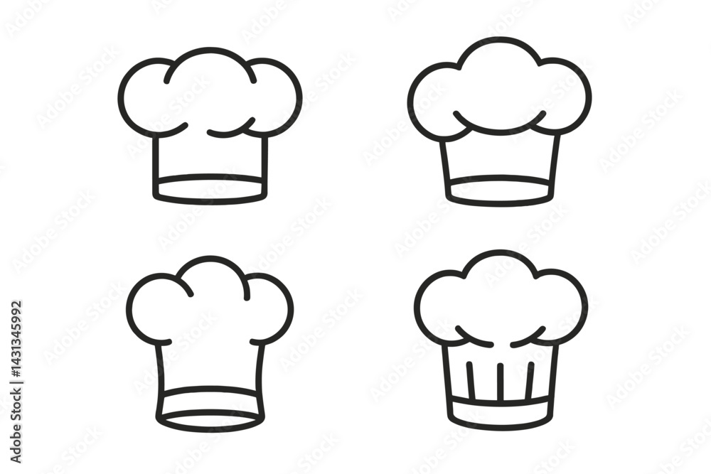 Poster icon set featuring chef hats in various styles for culinary design purposes