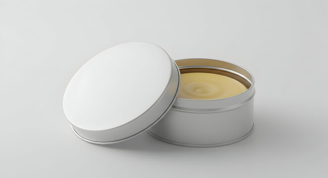 Open metal tin container with yellow cosmetic product balm moisturizer skincare beauty mock up blank template
