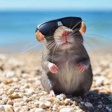 Uma imagem criativa de um rato com &oacute;culos escuros na praia, representando um conceito divertido e futurista de IA. A cena traz um contraste entre natureza e tecnologia