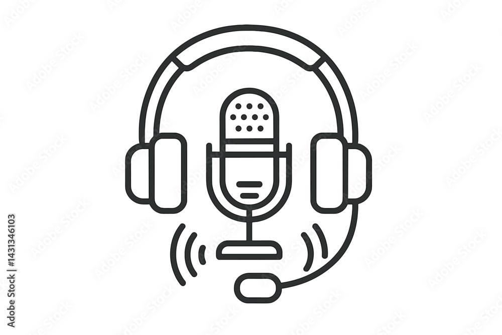 Poster Modern icon set featuring a microphone with headphones for audio and broadcasting applications