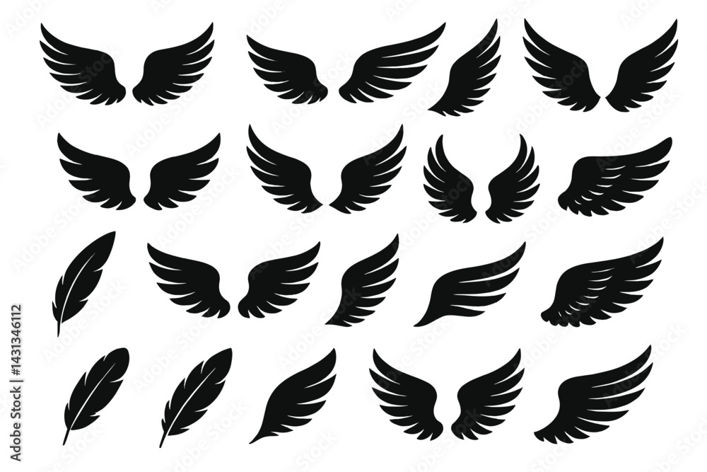 Poster various black wing icons for artistic and graphic design projects showcasing versatility and creativ
