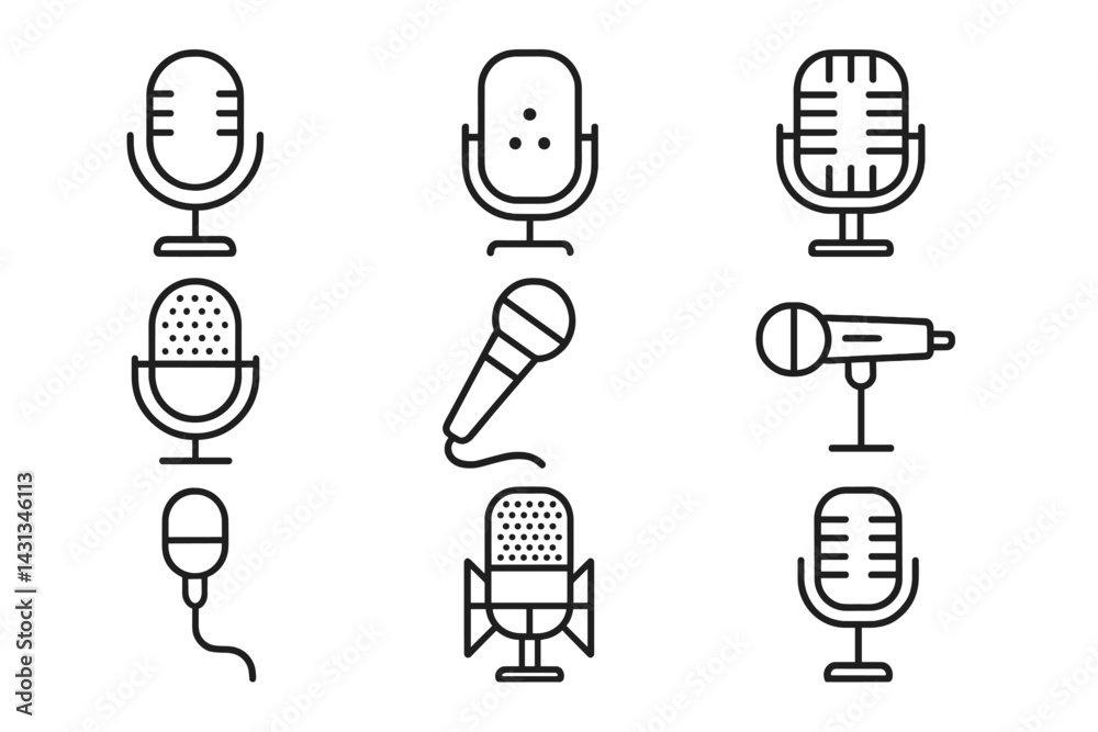 Poster icon set featuring various microphone designs suitable for music and broadcasting