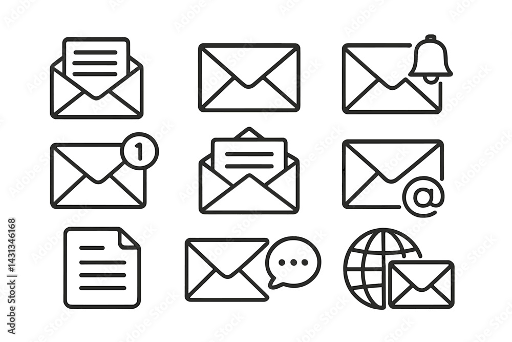 Poster Collection of email and messaging icons in a minimalistic design suitable for digital applications