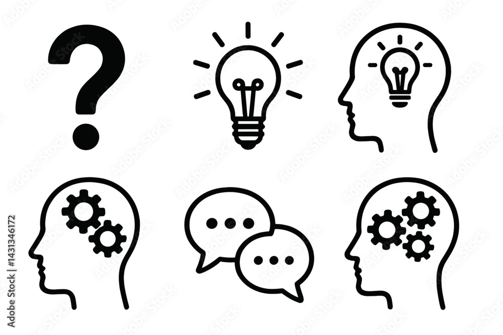 Poster icon set illustrating concepts of creativity, ideas, and communication for design applications