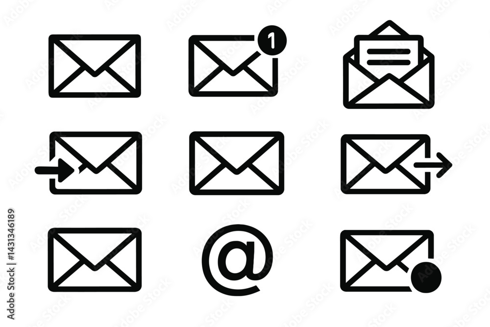 Aufkleber Collection of black and white icons representing various email functions and notifications for digital communication purposes