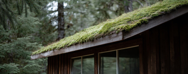wooden cabin with moss covered roof in forest setting