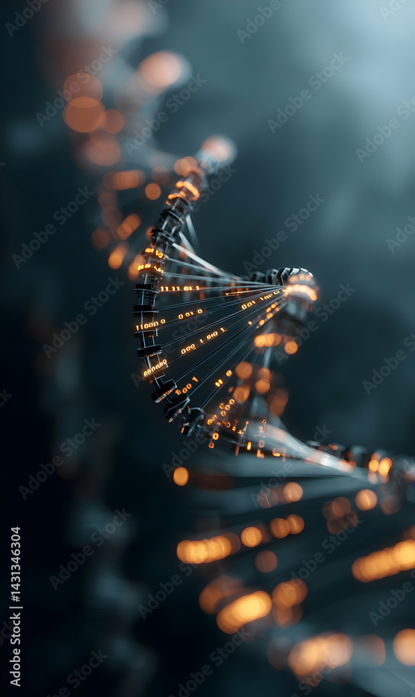 Poster digital helix structure with binary code, depicting genetic information and technological advancemen
