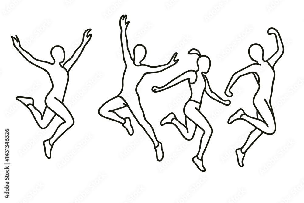 Poster dynamic outline of multiple people jumping joyfully in a sport activity demonstration