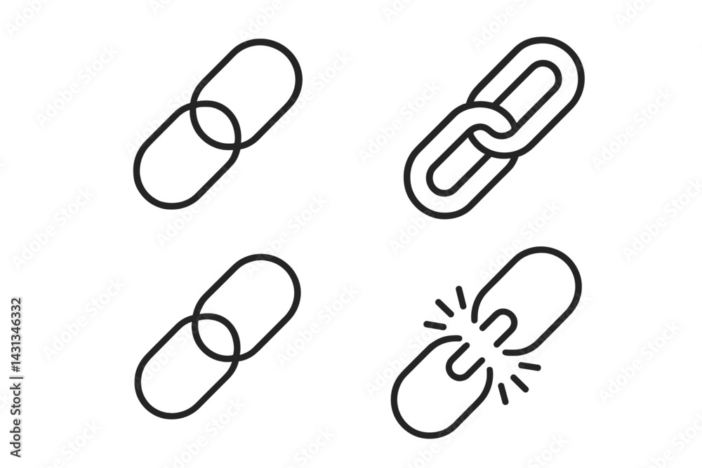 Aufkleber icon set showcasing various link designs emphasizing connectivity and separation trends