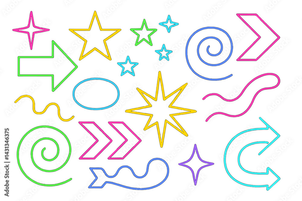 Poster colorful icon set featuring various shapes and symbols for creative projects and design purposes